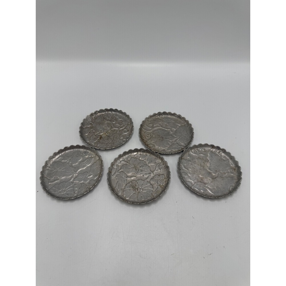 Vintage Embossed Floral Metal Coasters Scalloped Edge Set of 5 Silver Tone 3in